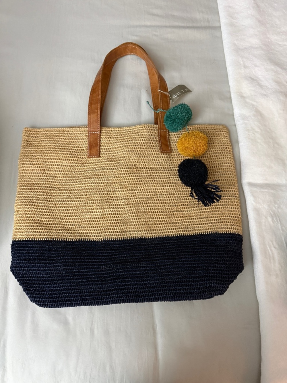 Two-Tone Straw Tote Bag with Leather Handles - Natural & Navy